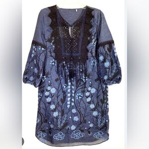 Elie Tahari Peasant Tunic Dress Embroidered denim popover knee length 3/4 sle